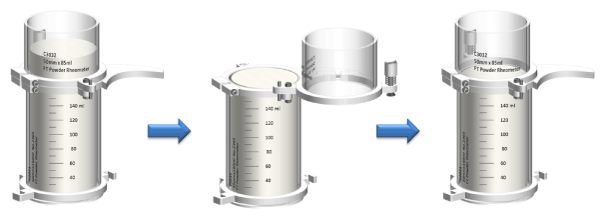 Three glass vessels showing the three stages of a powder sample being split 