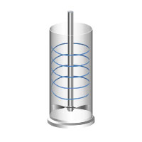 Empty glass vessel showing metal helical blade traversing in a downwards motion.