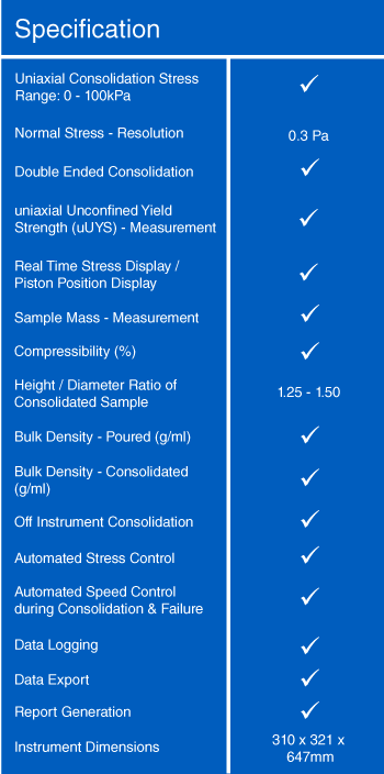 Uniaxial Powder Tester - Specifications