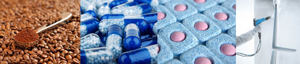Image of powders - coffee beans, pharmaceutical capsules, dishwasher tablets and person spray coating metal